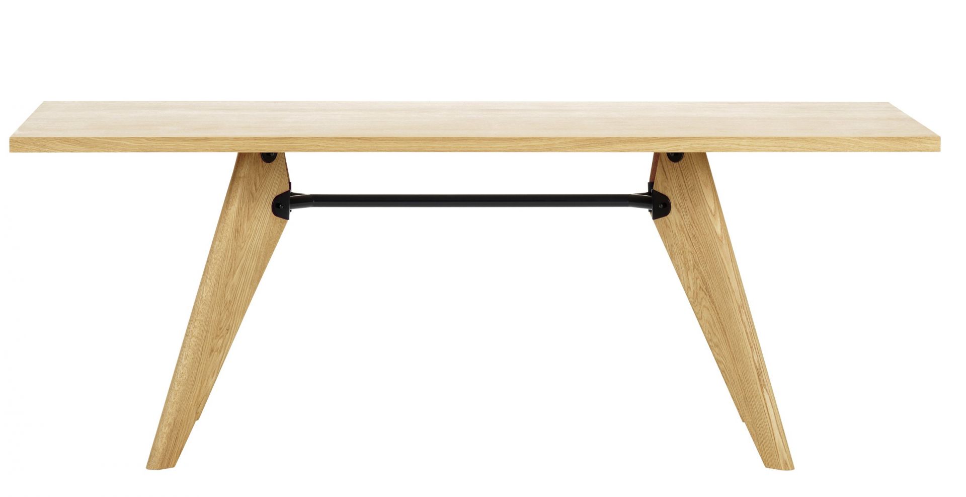 Vitra Table S.A.M. Bois Tisch mit hellem Holz und schwarzen Akzenten, Frontansicht.